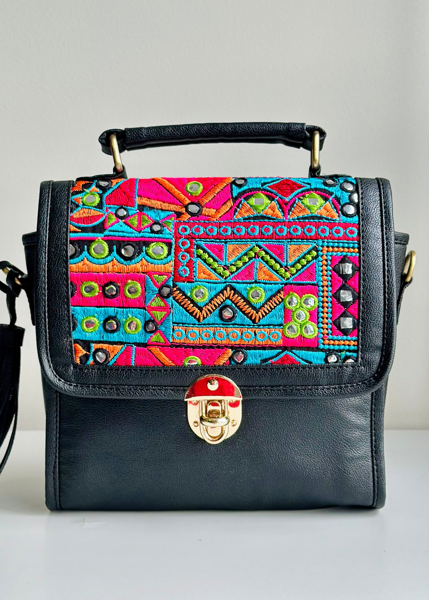 Aari Boho Woven Sling Bag | Hand Mirror Work