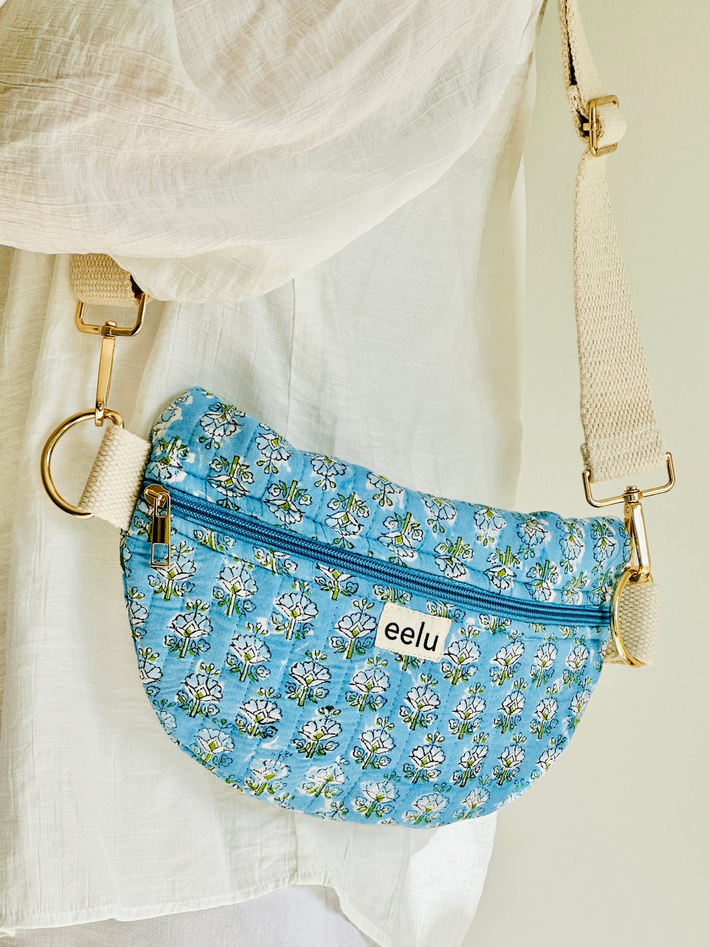 Anaya Crossbody Bag – Handmade Blue Floral Sling | Cotton Block Print