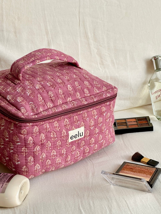 Quilted Vanity Case | Handprinted Travel Organiser - Mauve Bloom