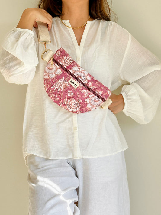 Indira Crossbody Bag – Handmade Magenta Floral Sling | Cotton Block Print