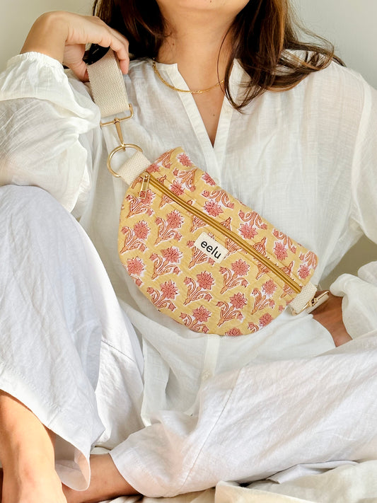 Surya Crossbody Bag – Handmade Yellow Floral Sling | Cotton Block Print