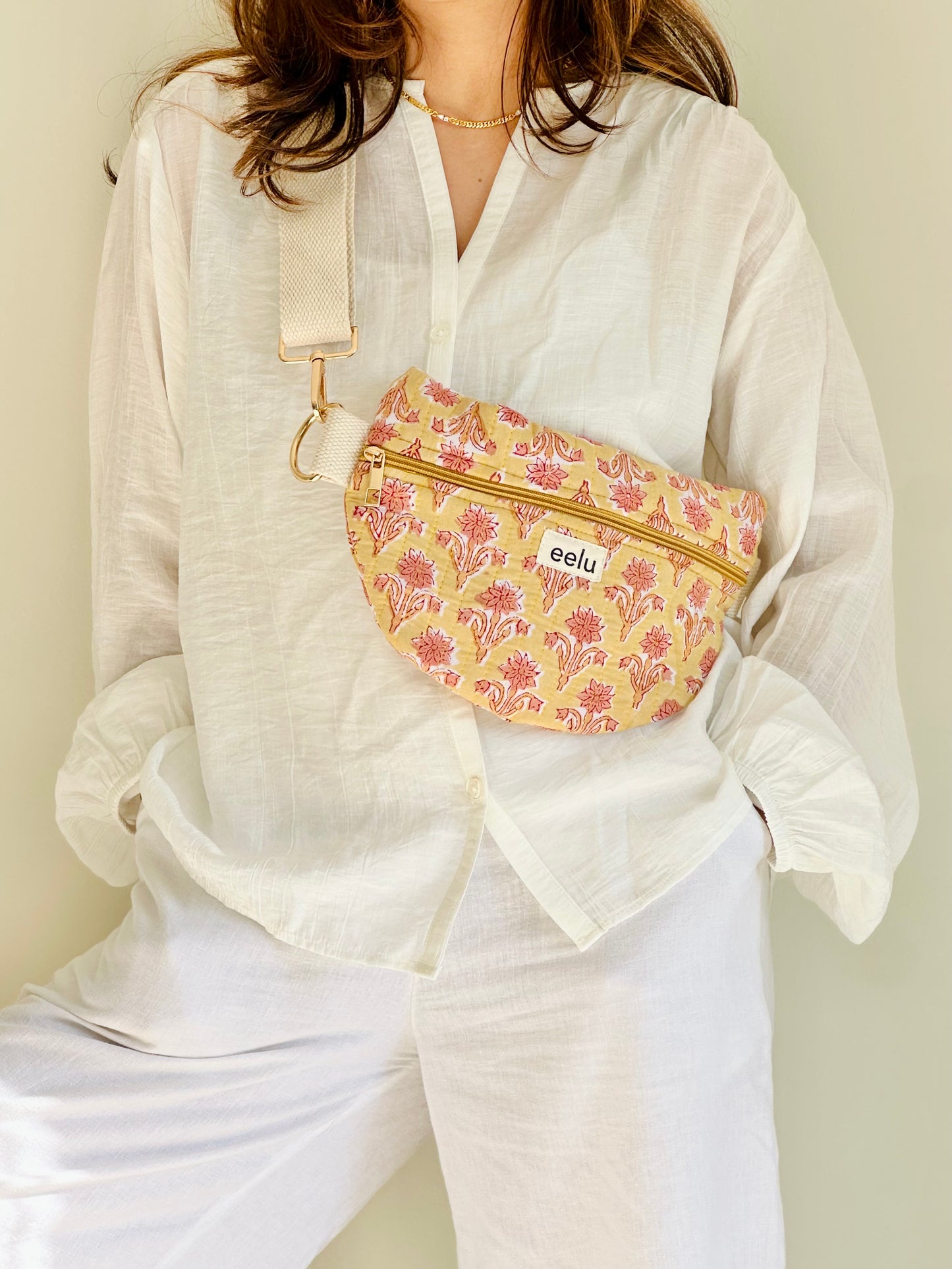 Surya Crossbody Bag – Handmade Yellow Floral Sling | Cotton Block Print