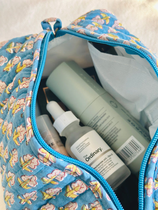 Neela Quilted Makeup Pouch – Handcrafted Cotton Travel Bag | Small & Large