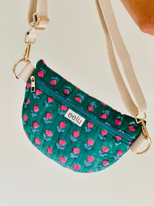 Ahana Crossbody Bag – Handmade Green Floral Sling | Cotton Block Print