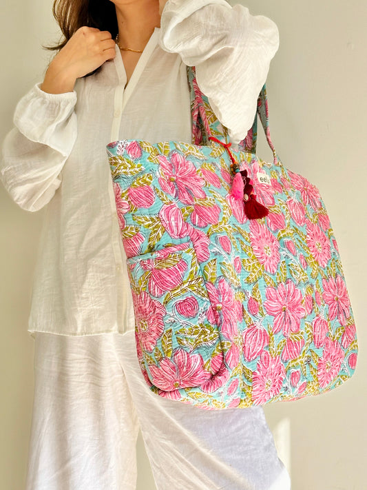 Anandi Tote Bag – Reversible Quilted Cotton Tote | Hand-Printed Travel Bag