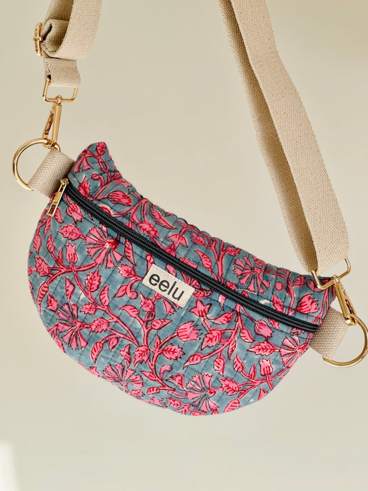 Siya Crossbody Bag – Handmade Grey Floral Sling | Cotton Block Print