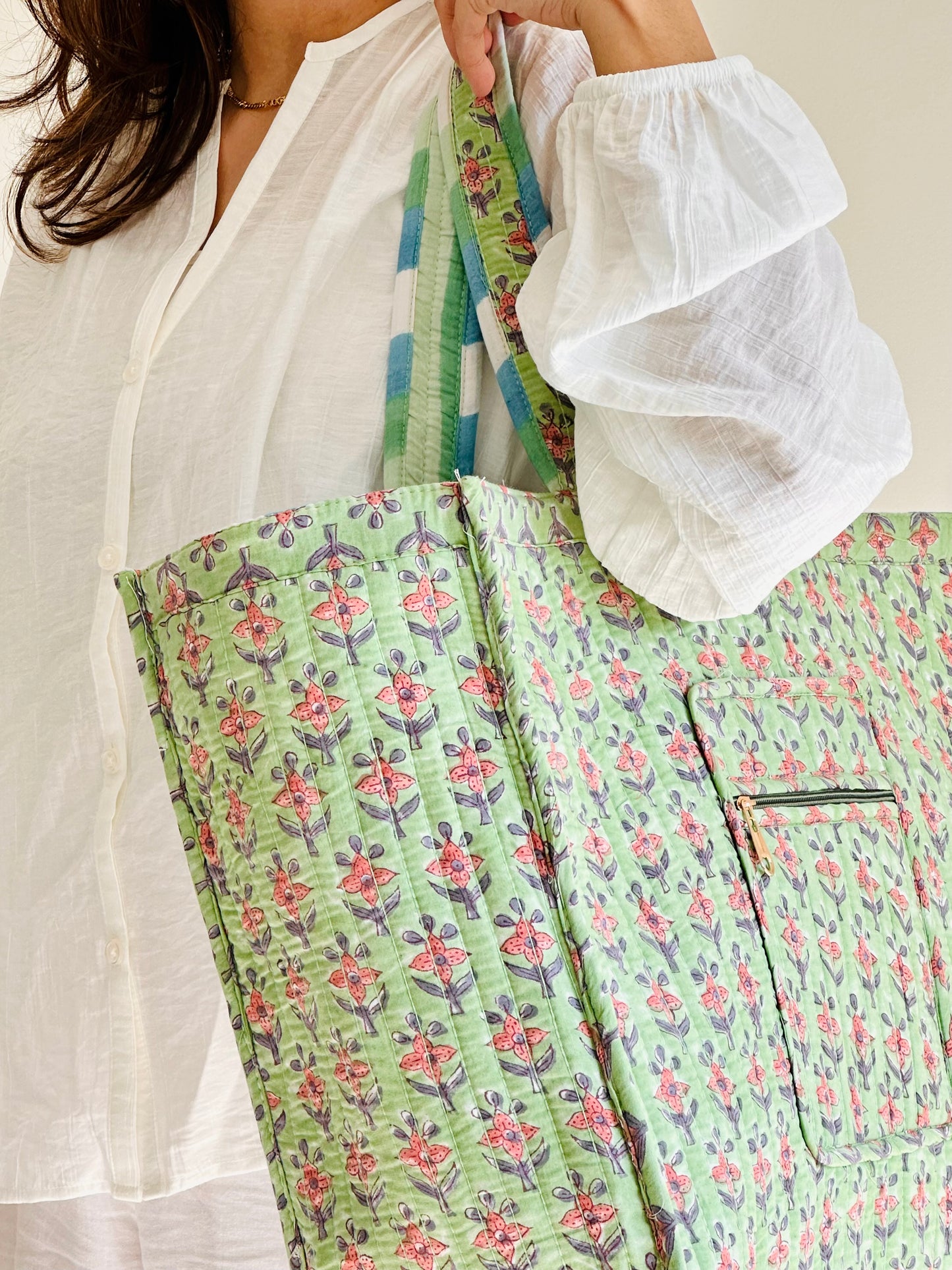 Ganga Tote Bag – Reversible Quilted Cotton Tote | Hand-Printed Travel Bag