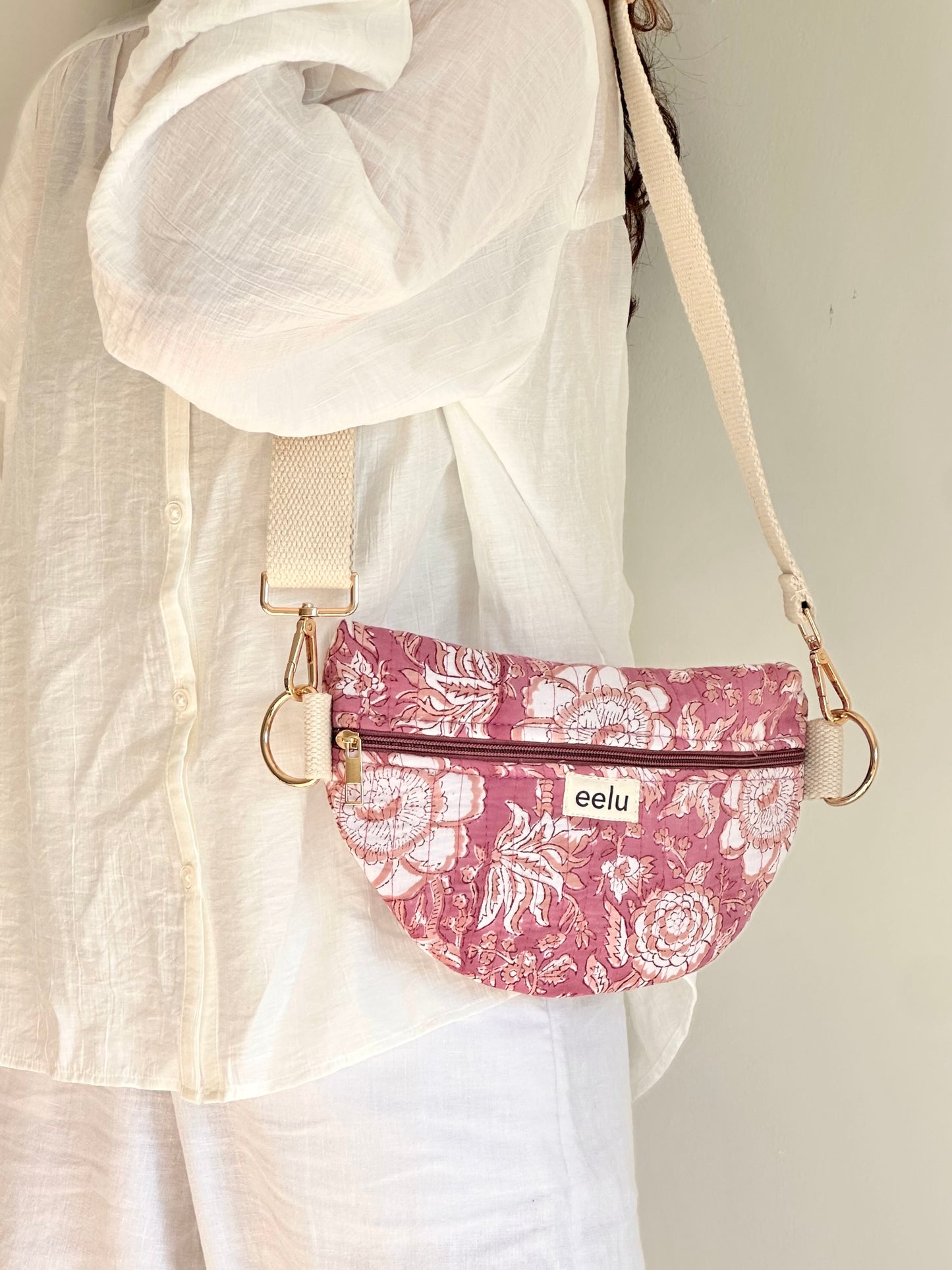 Indira Crossbody Bag – Handmade Magenta Floral Sling | Cotton Block Print