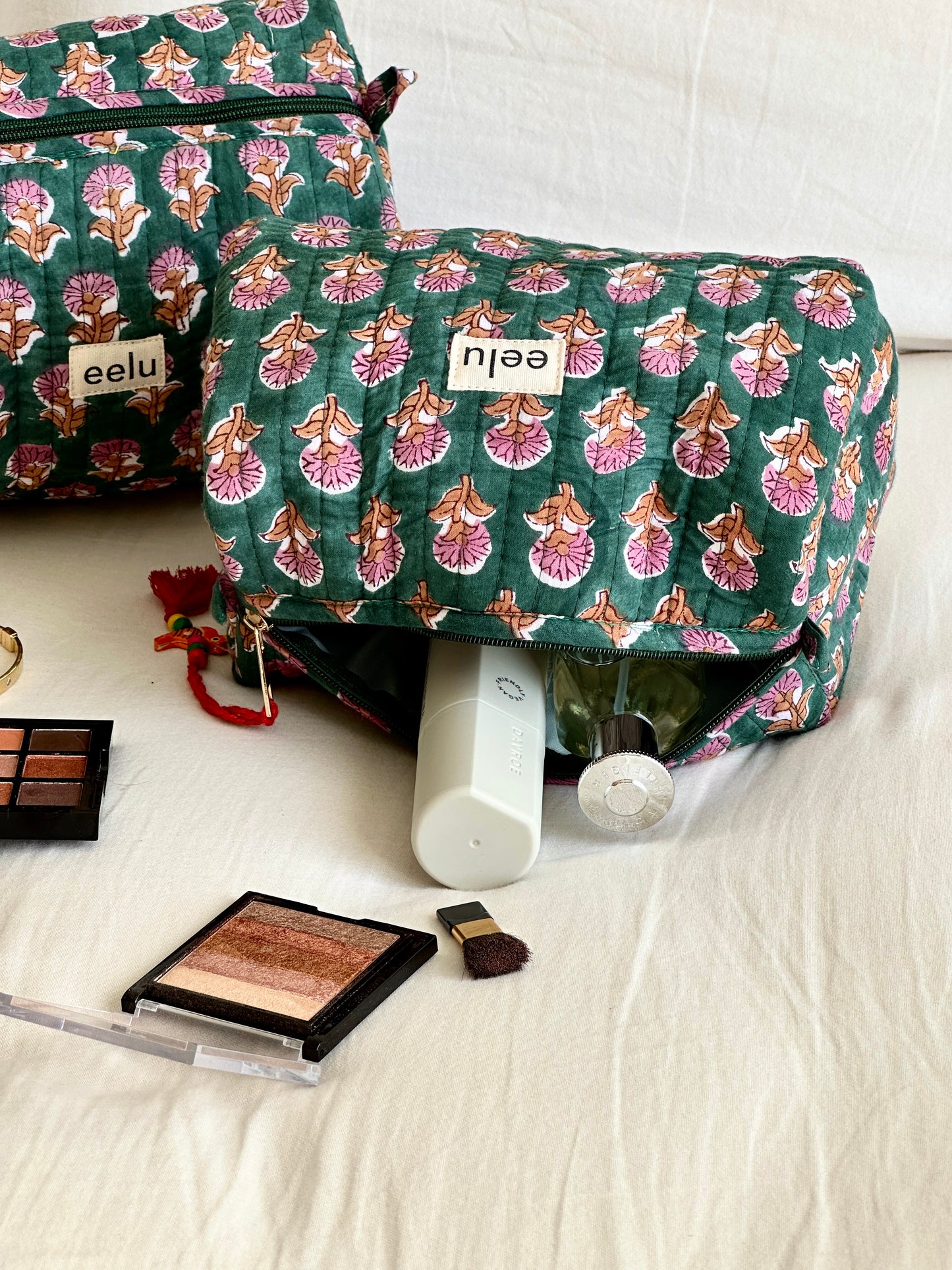 Quilted Cotton Makeup Pouch | Handcrafted Travel Bag - Emerald Green