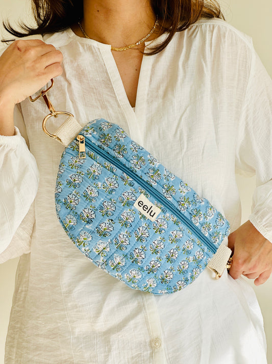 Anaya Crossbody Bag – Handmade Blue Floral Sling | Cotton Block Print