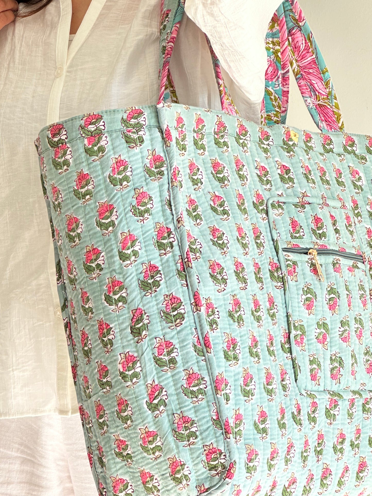 Anandi Tote Bag – Reversible Quilted Cotton Tote | Hand-Printed Travel Bag