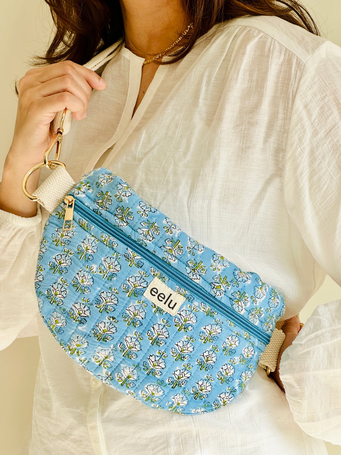 Anaya Crossbody Bag – Handmade Blue Floral Sling | Cotton Block Print
