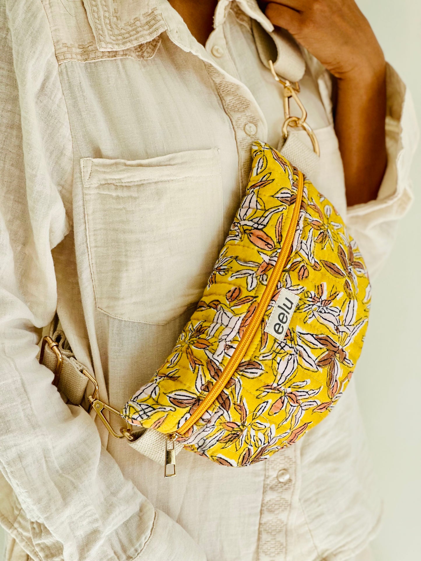 Mukhi Crossbody Bag – Handmade Yellow Floral Sling | Cotton Block Print