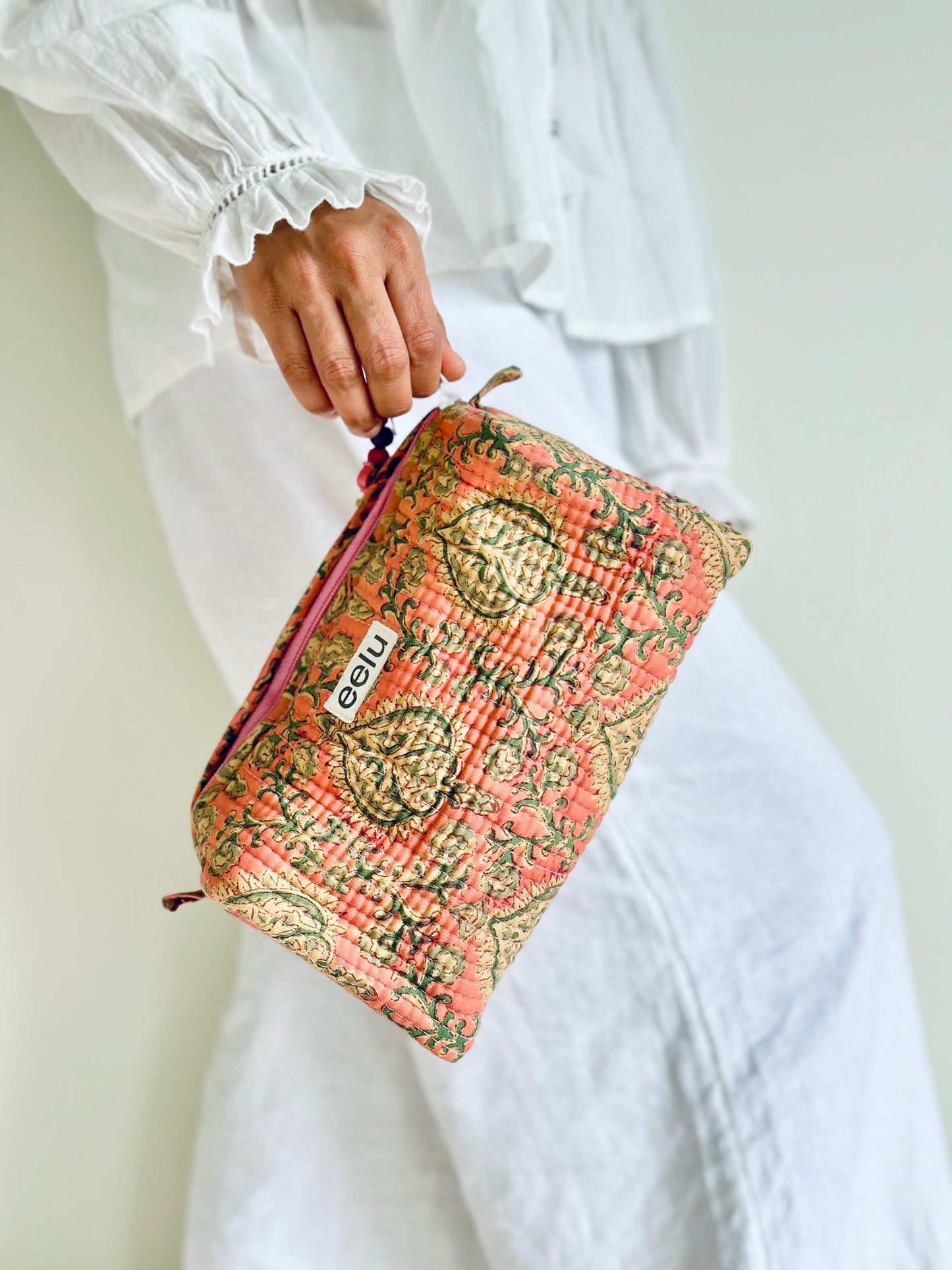 Malaa Quilted Makeup Pouch – Handcrafted Cotton Travel Bag | Small & Large