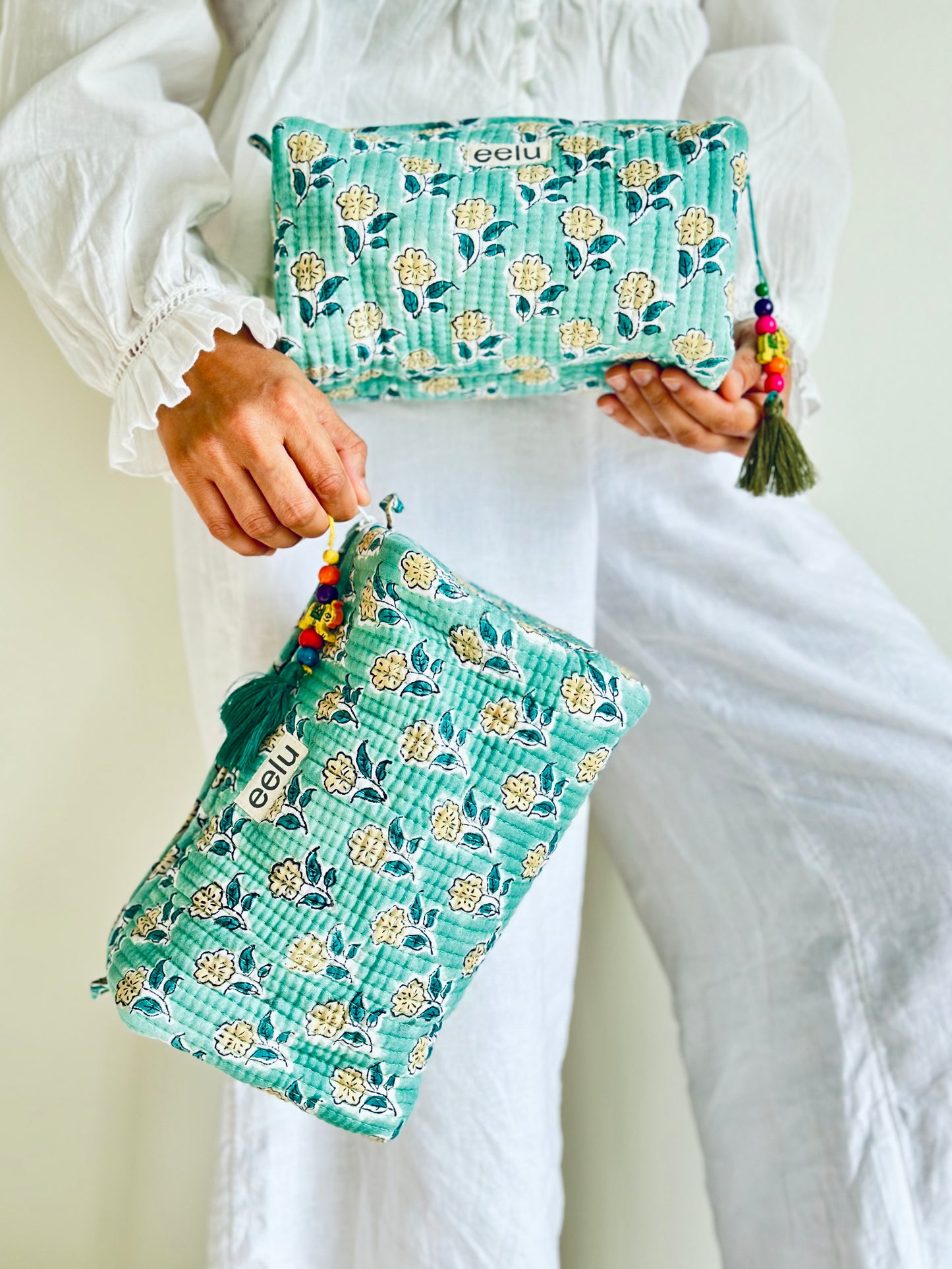 Mogra Quilted Makeup Pouch – Handcrafted Cotton Travel Bag | Small & Large