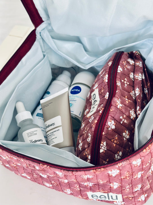 Gulabi Vanity Case – Handprinted Quilted Travel Organizer Bag