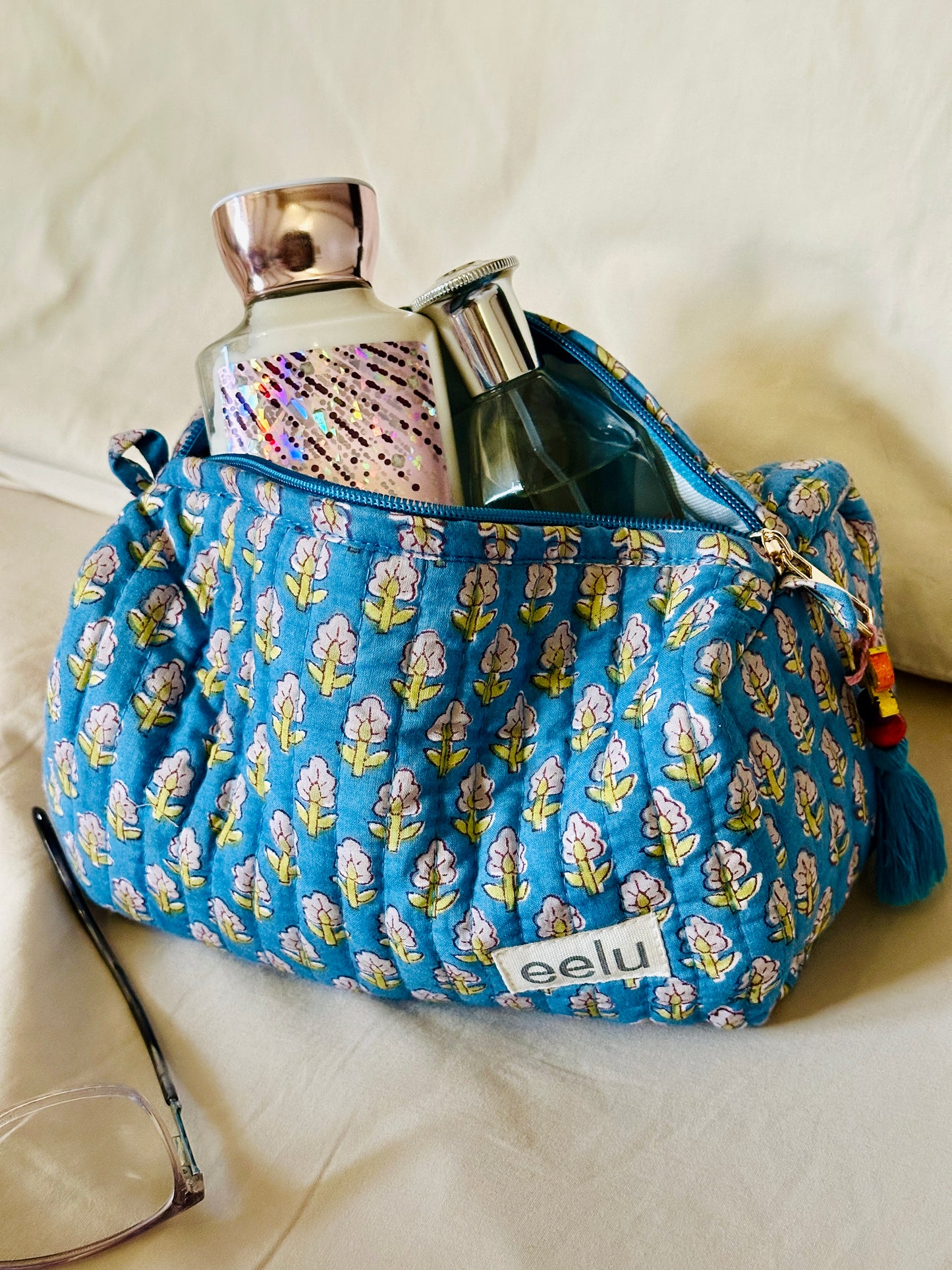 Neela Quilted Makeup Pouch – Handcrafted Cotton Travel Bag | Small & Large