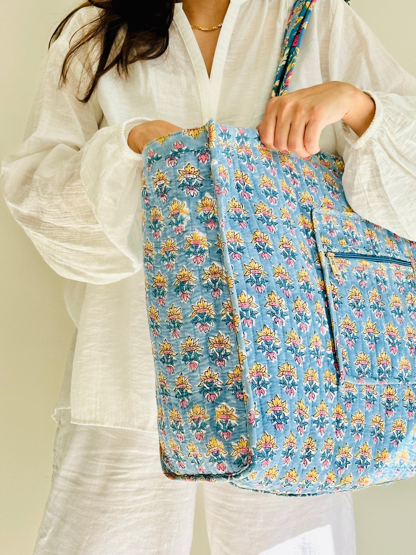 Nilya Tote Bag – Reversible Quilted Cotton Tote | Hand-Printed Travel Bag