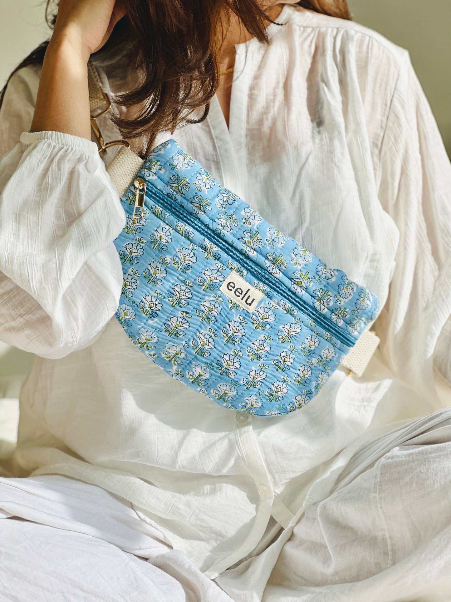 Anaya Crossbody Bag – Handmade Blue Floral Sling | Cotton Block Print