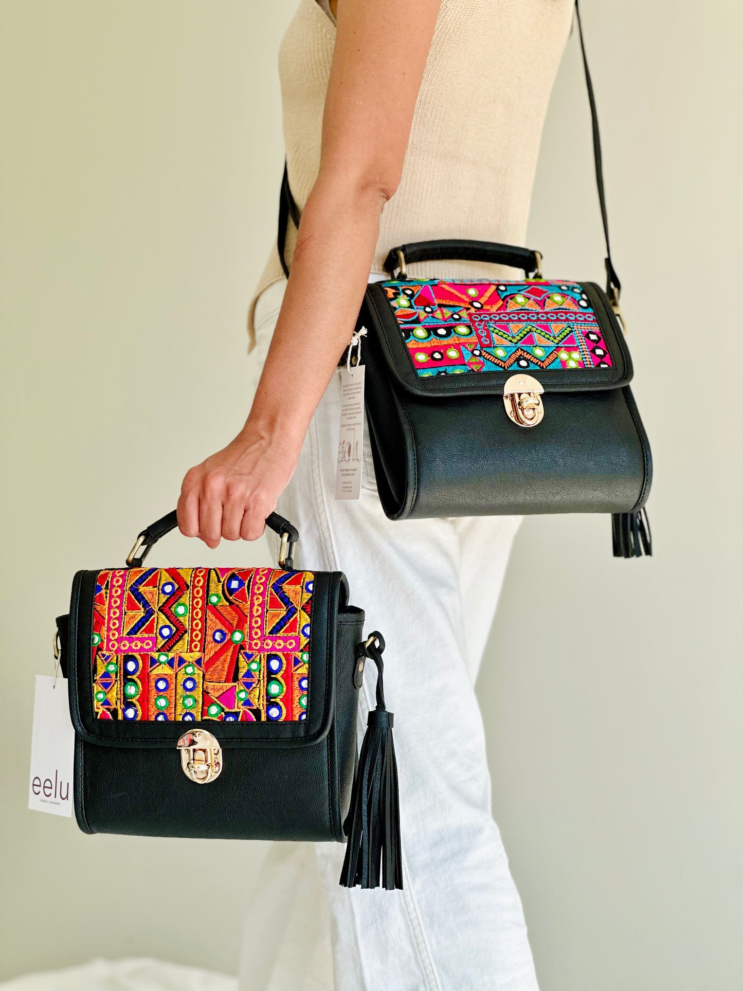 Surya Boho Woven Sling Bag | Hand Mirror Work