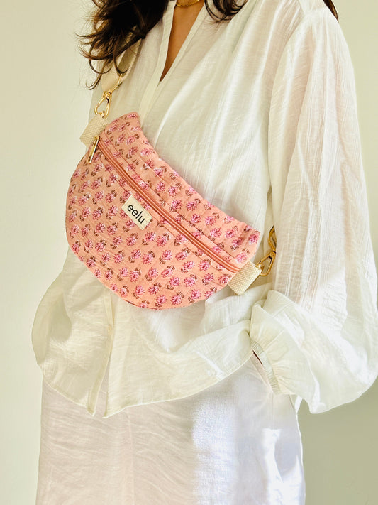 Gulika Crossbody Bag – Handmade Pink Floral Sling | Cotton Block Print