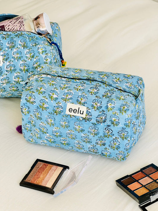 Quilted Cotton Makeup Pouch | Handcrafted Travel Bag - Sky Blue