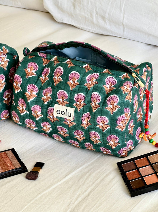 Quilted Cotton Makeup Pouch | Handcrafted Travel Bag - Emerald Green