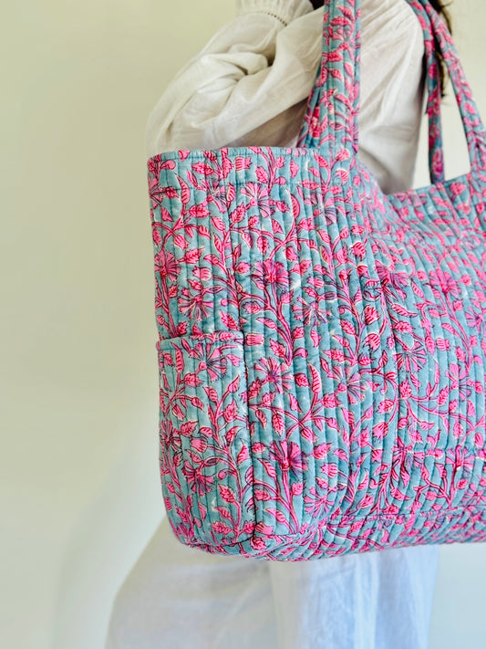 Siya Tote Bag – Reversible Quilted Cotton Tote | Hand-Printed Travel Bag