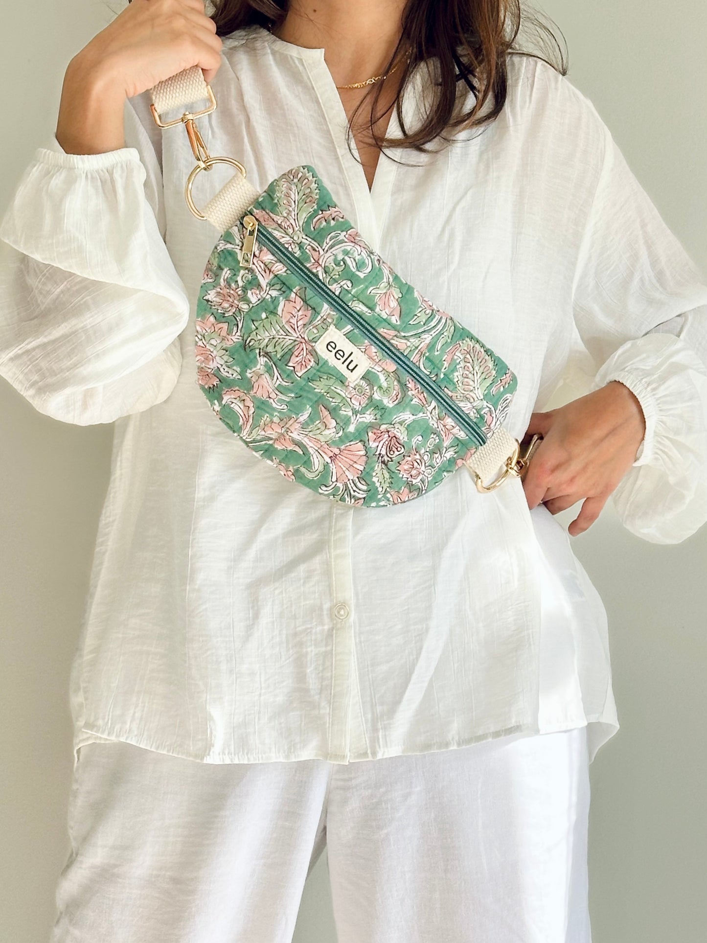 Leela Crossbody Bag – Handmade Green Floral Sling | Cotton Block Print