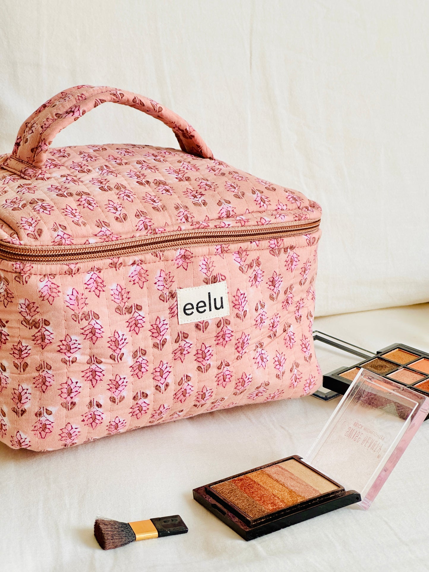 Quilted Vanity Case | Handprinted Travel Organiser - Nude Pink