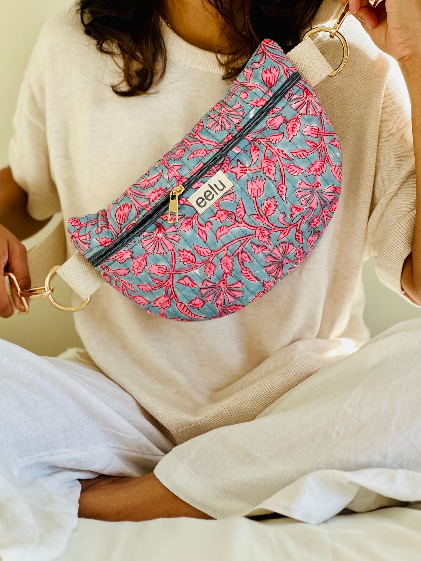 Siya Crossbody Bag – Handmade Grey Floral Sling | Cotton Block Print