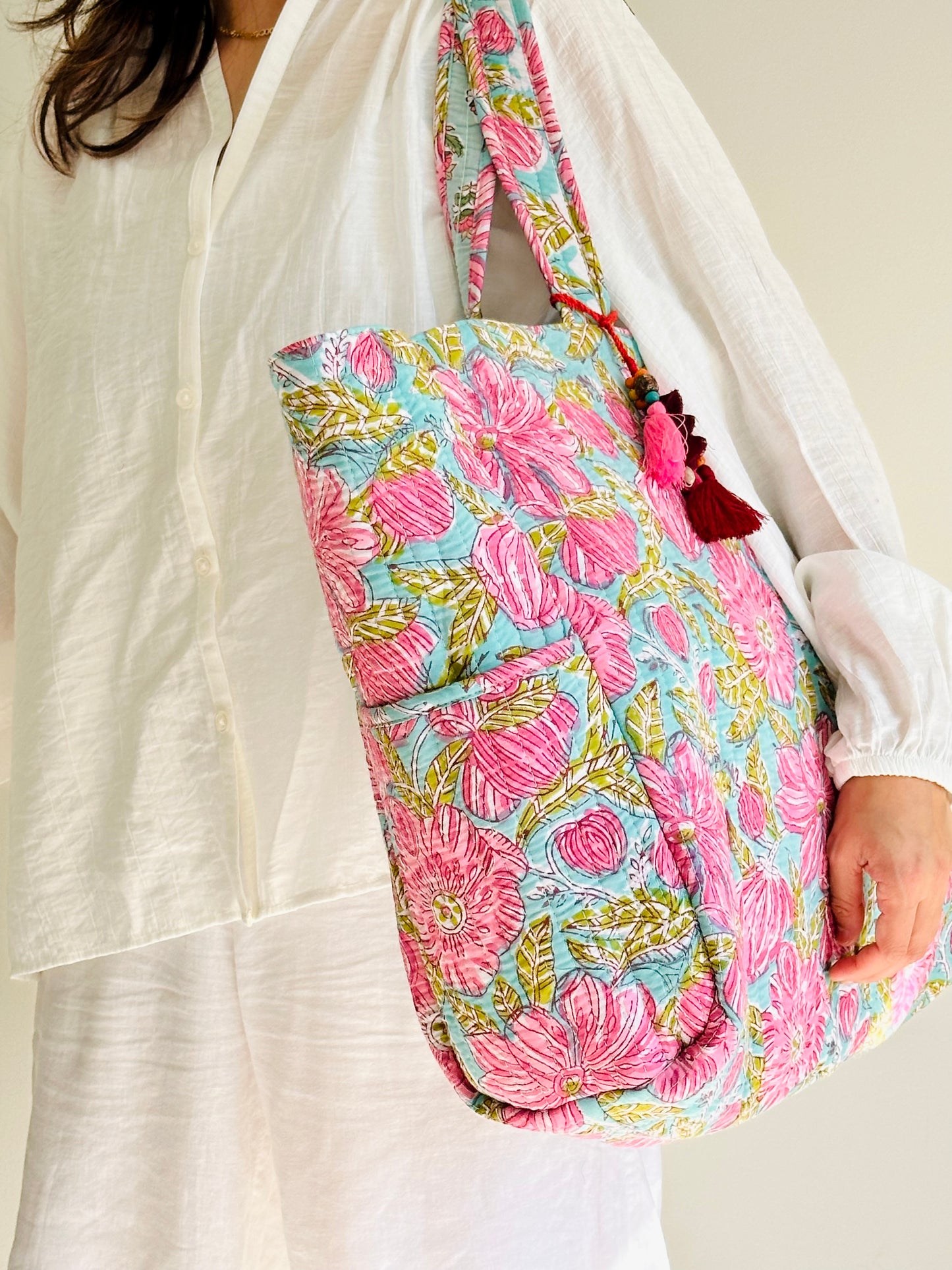 Anandi Tote Bag – Reversible Quilted Cotton Tote | Hand-Printed Travel Bag