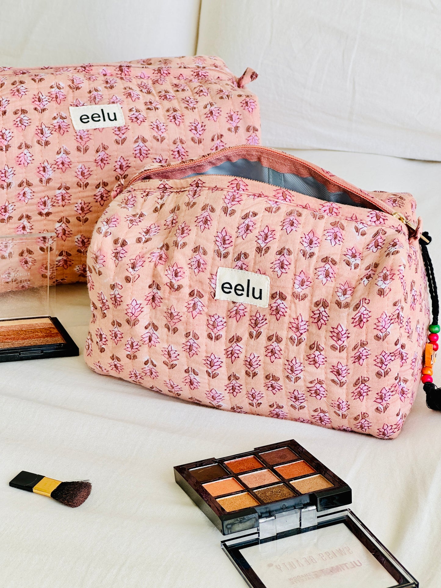 Quilted Cotton Makeup Pouch | Handcrafted Travel Bag - Nude Pink