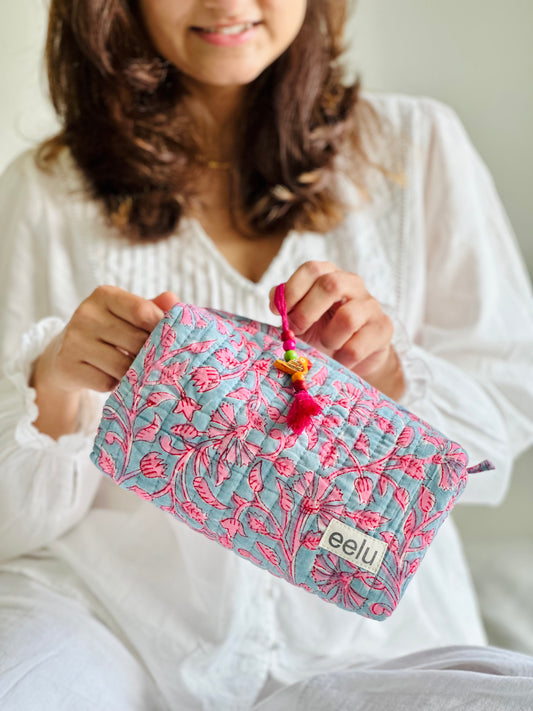 Siya Quilted Makeup Pouch – Handcrafted Cotton Travel Bag | Small & Large