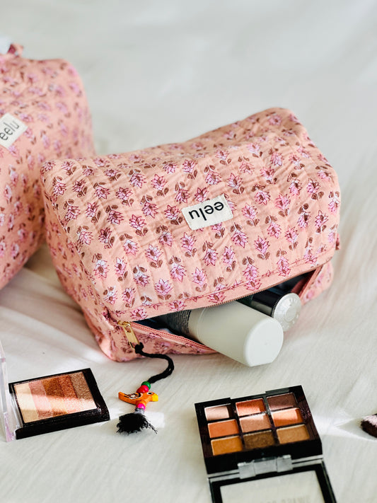 Quilted Cotton Makeup Pouch | Handcrafted Travel Bag - Nude Pink