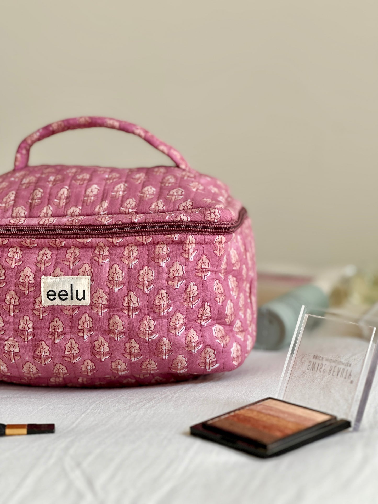 Quilted Vanity Case | Handprinted Travel Organiser - Mauve Bloom