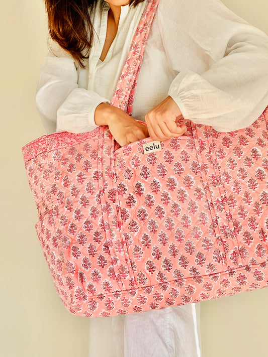 Reversible Quilted Cotton Tote - Hand-Printed Travel Bag | Blush Pink