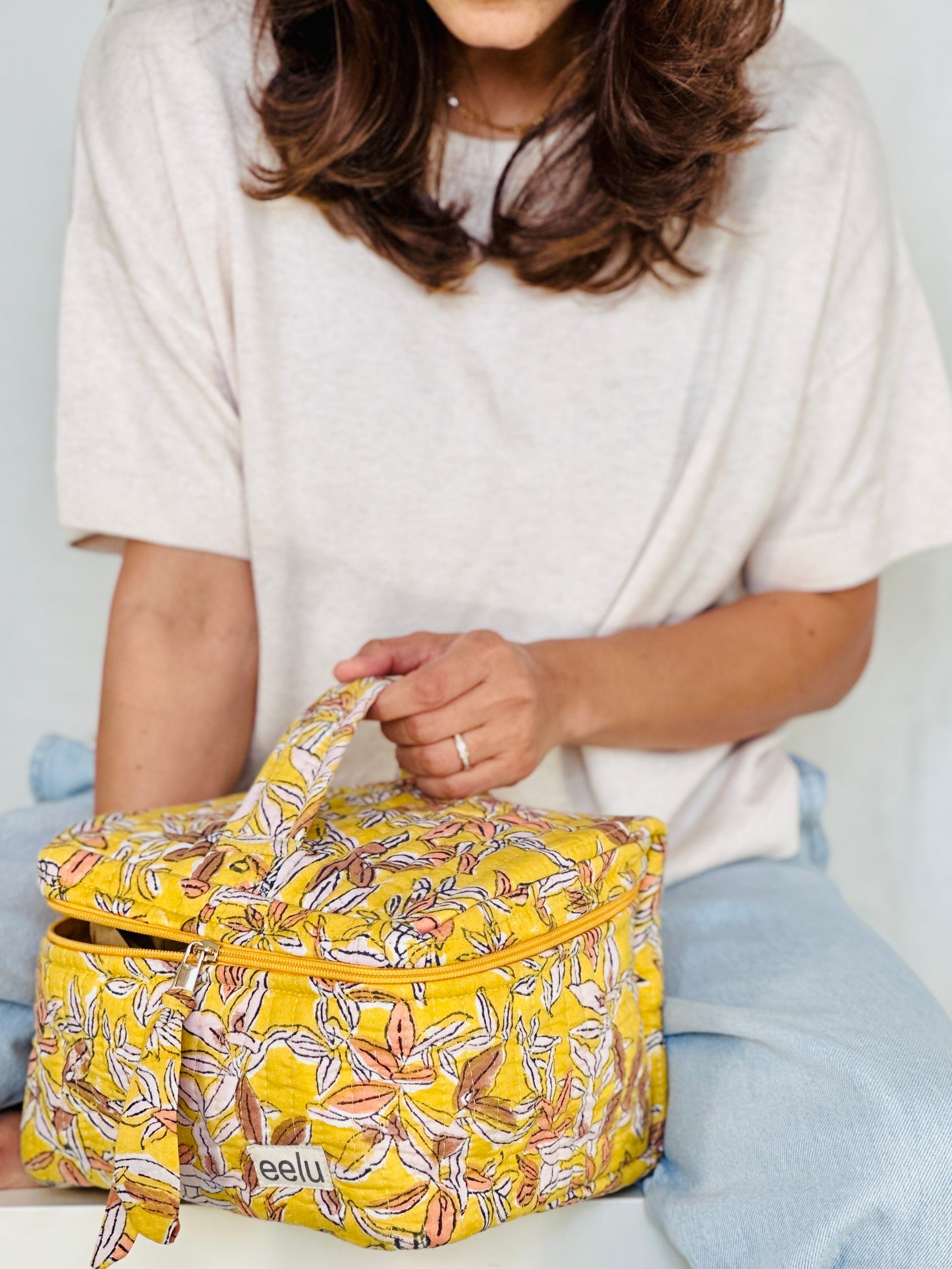 Quilted Vanity Case | Handprinted Travel Organiser - Sunshine Yellow