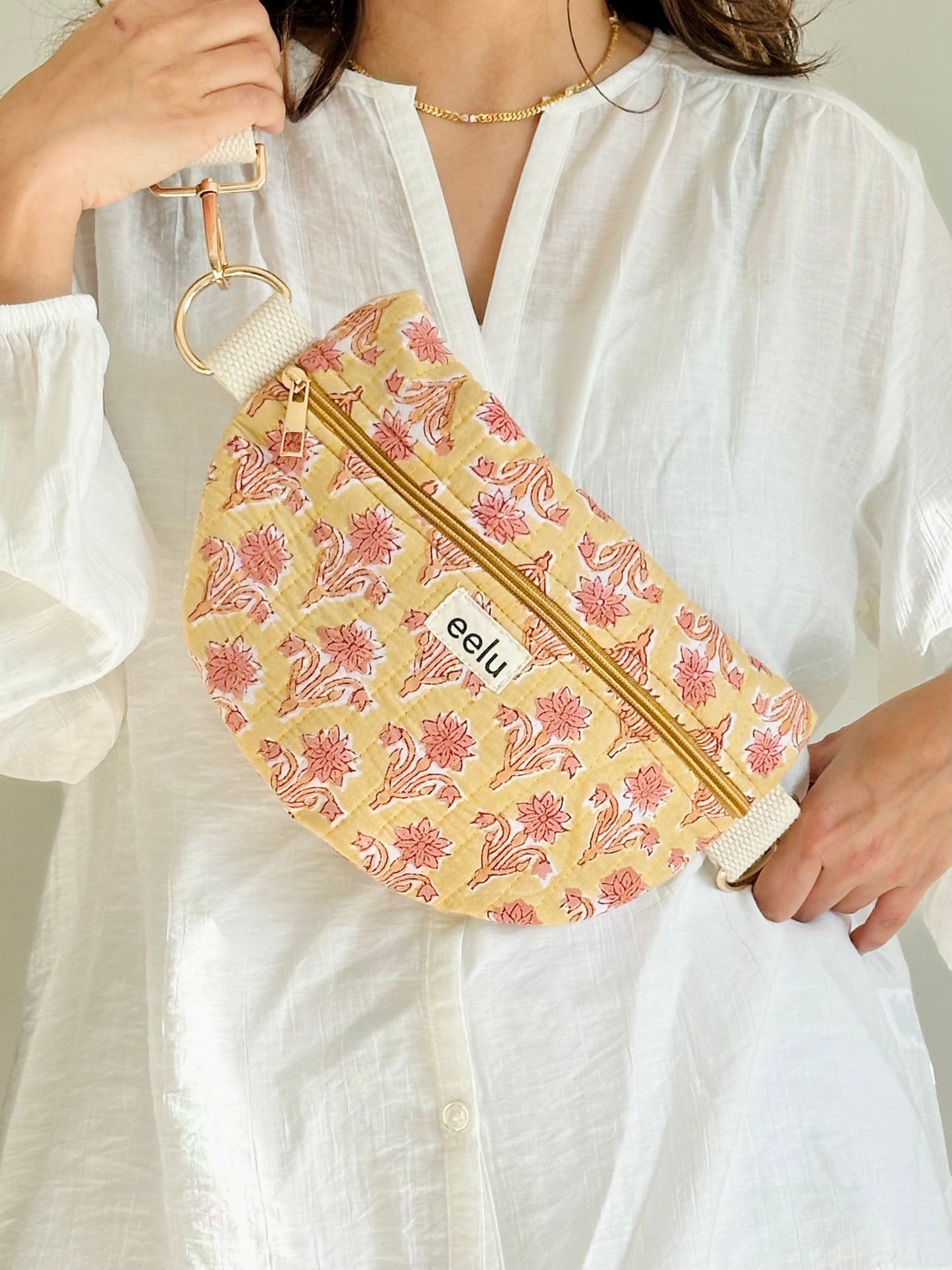 Surya Crossbody Bag – Handmade Yellow Floral Sling | Cotton Block Print
