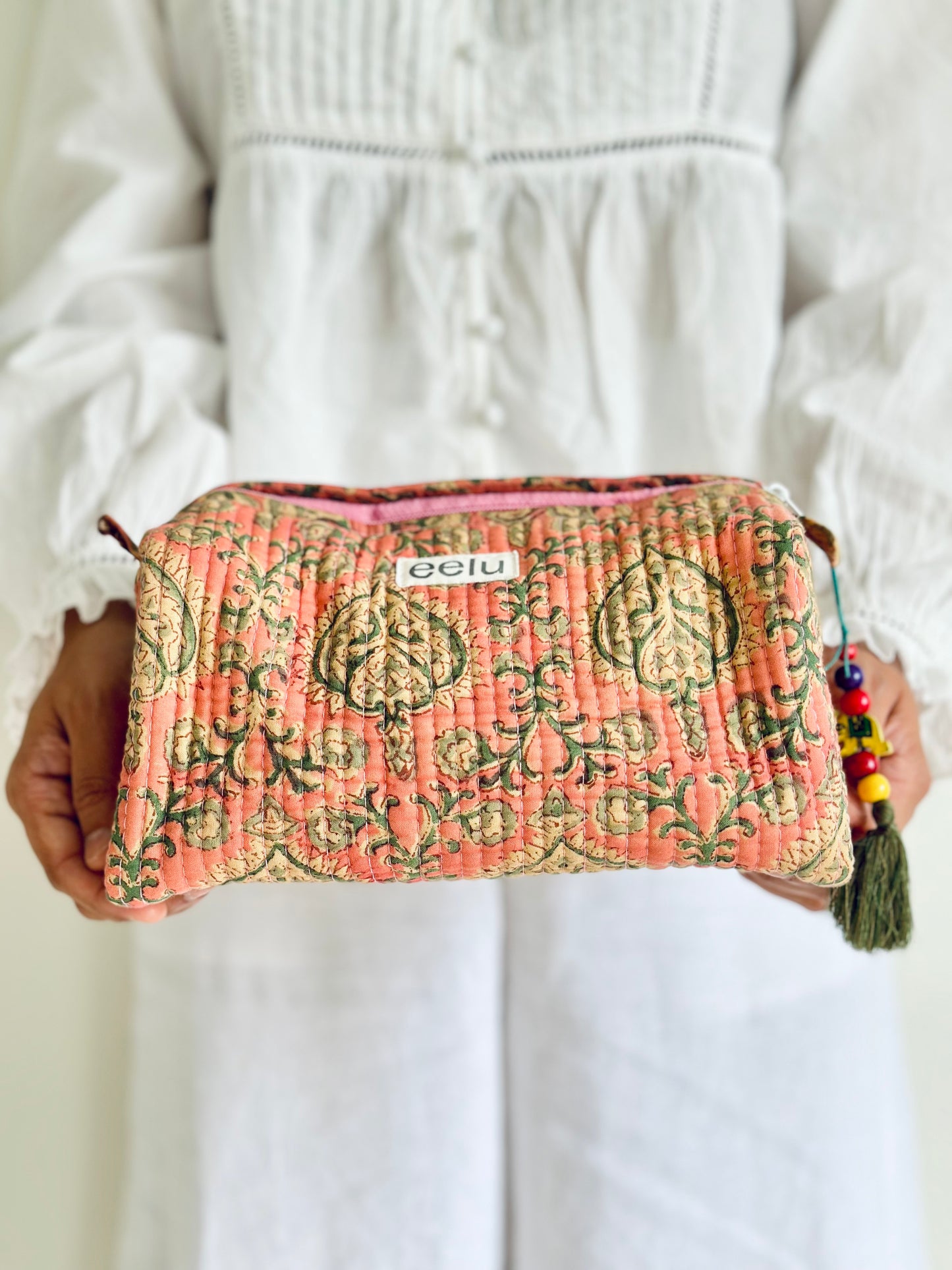 Malaa Quilted Makeup Pouch – Handcrafted Cotton Travel Bag | Small & Large