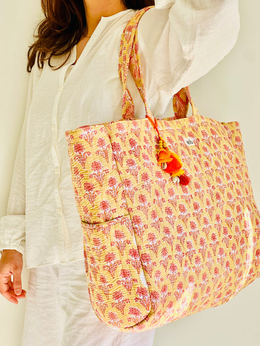 Surya Tote Bag – Reversible Quilted Cotton Tote | Hand-Printed Travel Bag