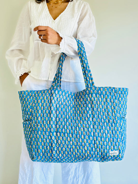 Neela Tote Bag – Reversible Quilted Cotton Tote | Hand-Printed Travel Bag