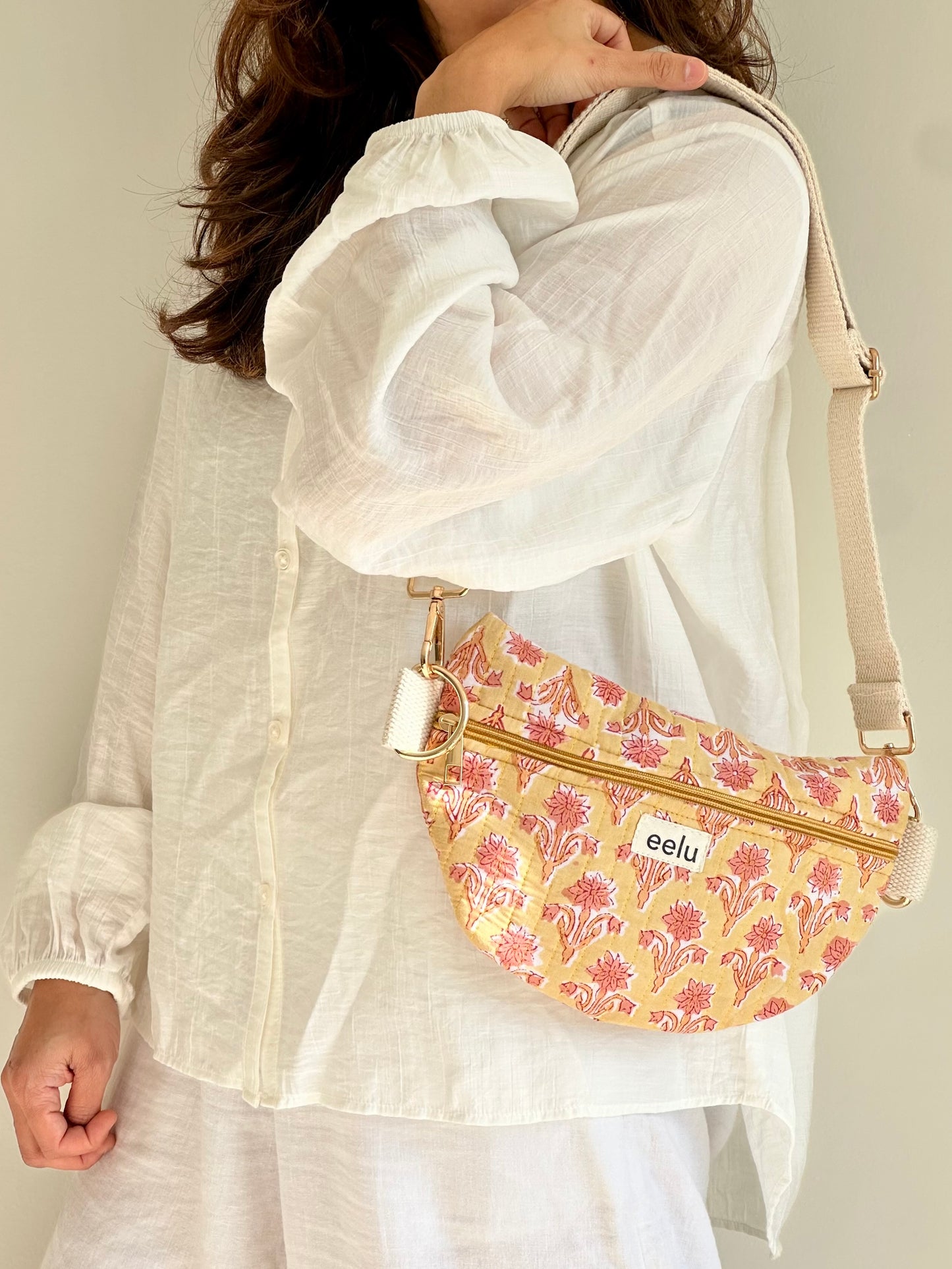 Surya Crossbody Bag – Handmade Yellow Floral Sling | Cotton Block Print