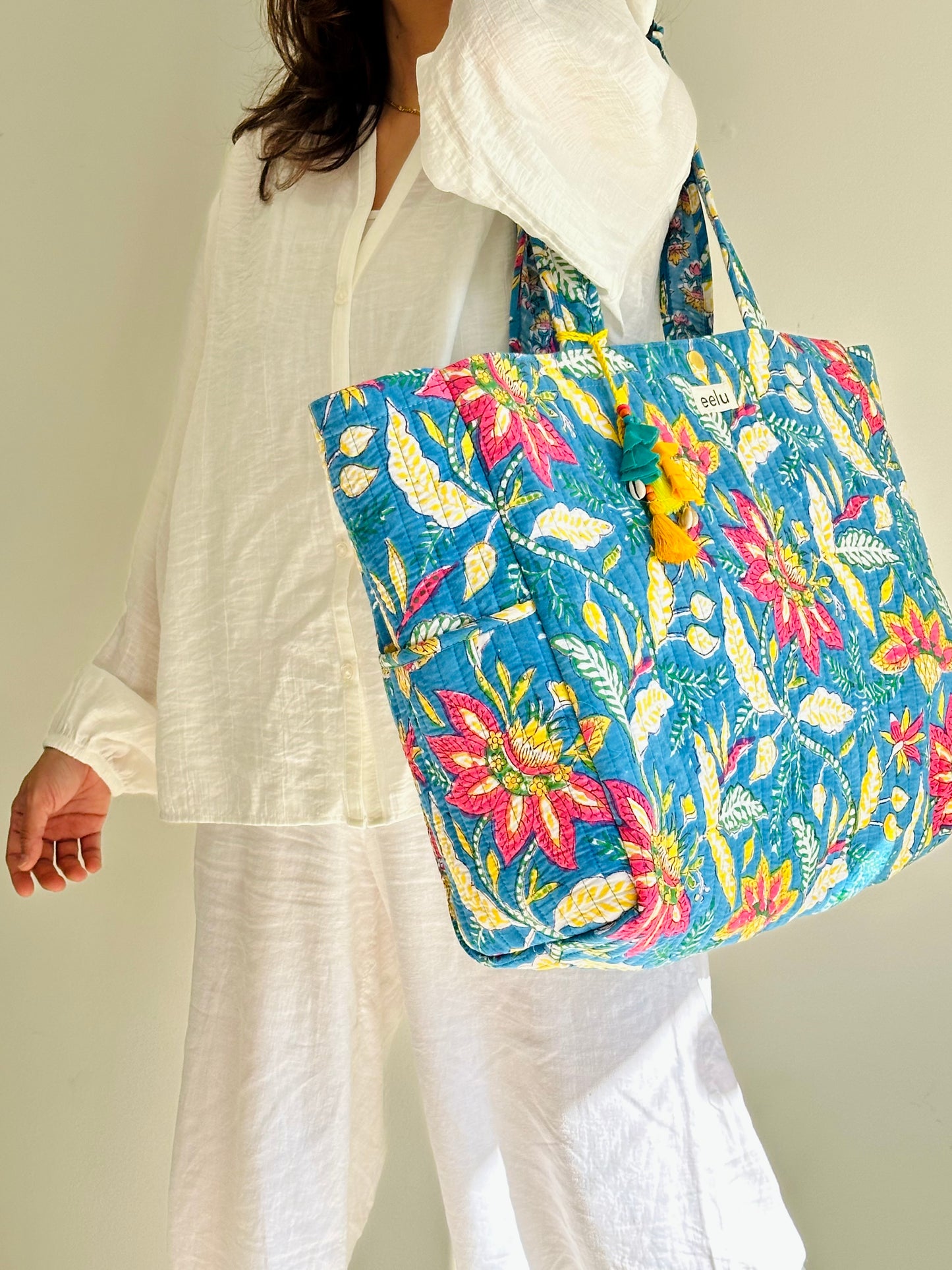 Nilya Tote Bag – Reversible Quilted Cotton Tote | Hand-Printed Travel Bag