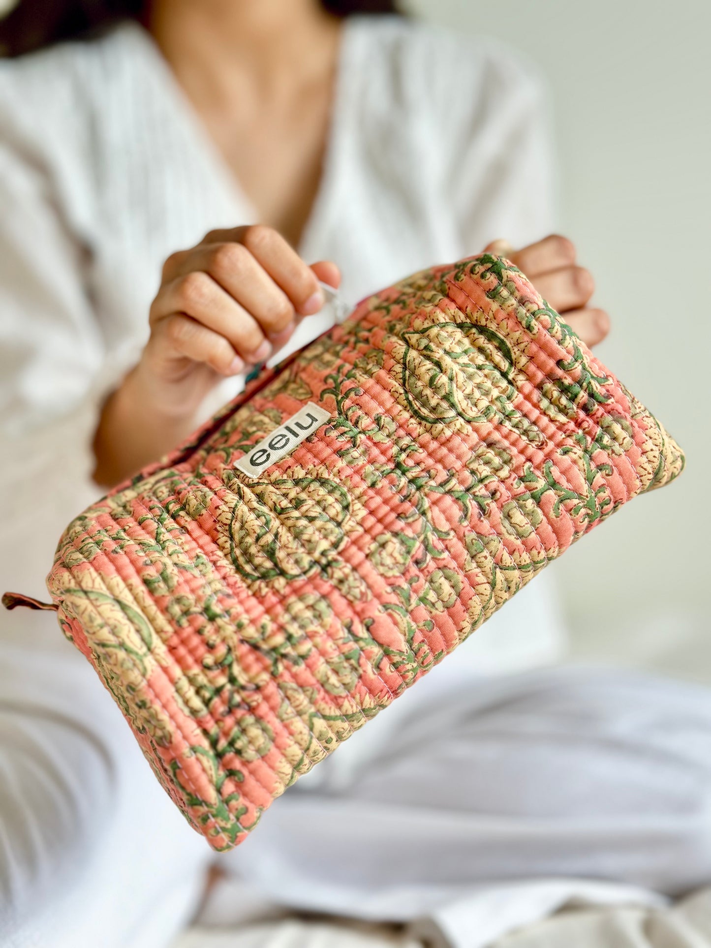 Malaa Quilted Makeup Pouch – Handcrafted Cotton Travel Bag | Small & Large