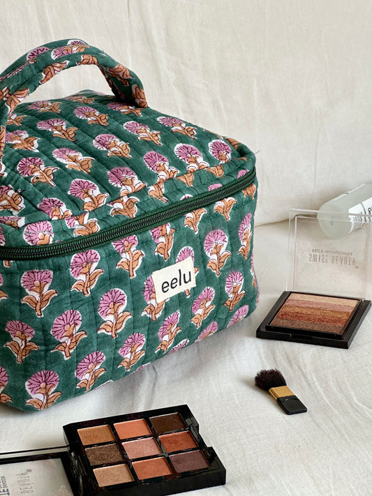 Quilted Vanity Case | Handprinted Travel Organiser - Emerald Green