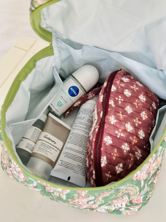 Leela Vanity Case – Handprinted Quilted Travel Organizer Bag