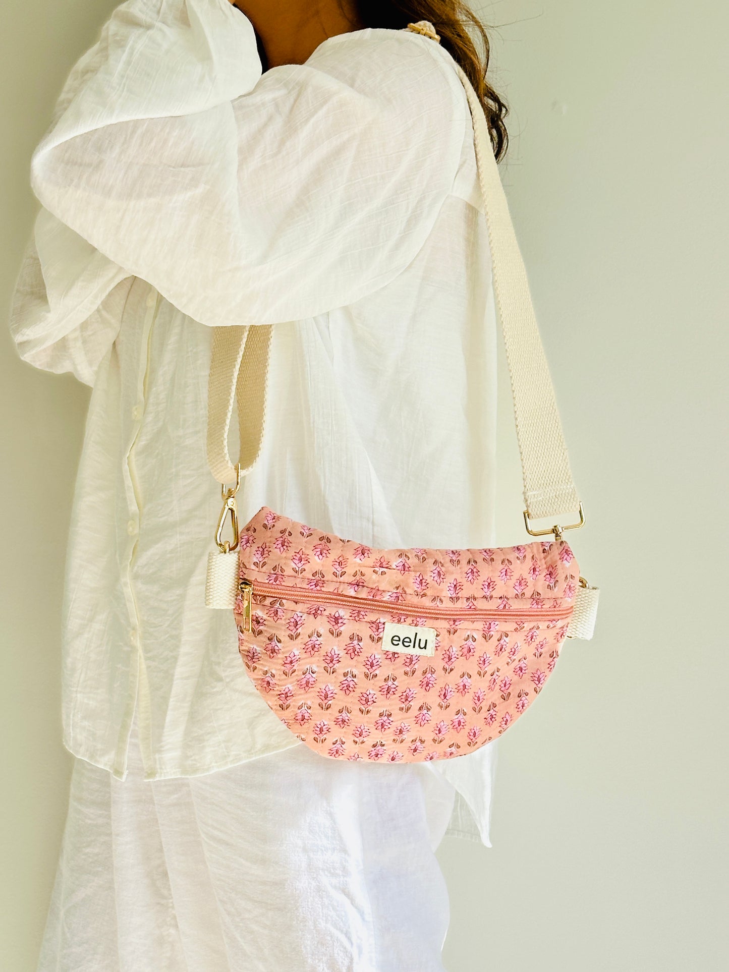 Gulika Crossbody Bag – Handmade Pink Floral Sling | Cotton Block Print