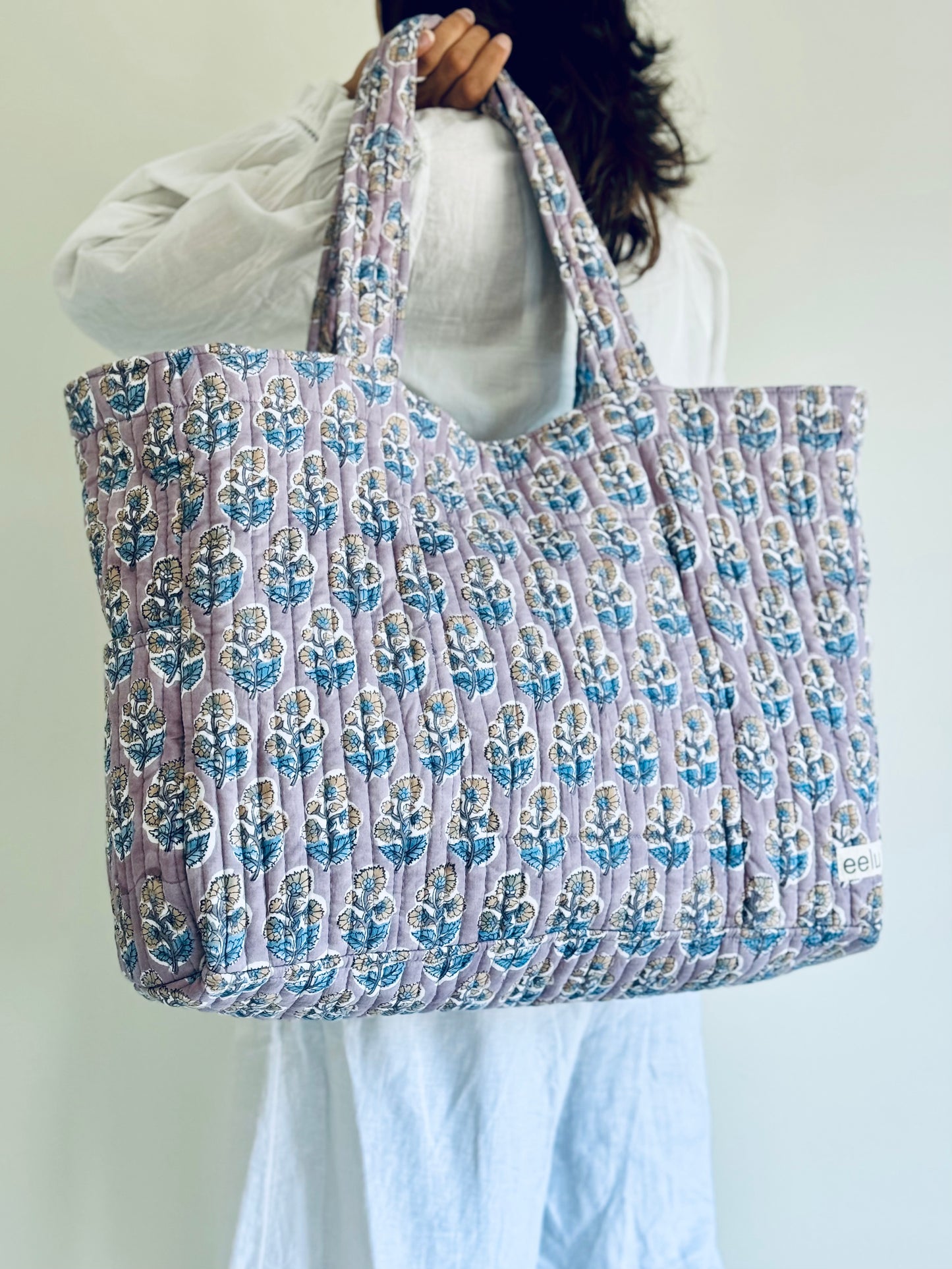 Saraa Tote Bag – Reversible Quilted Cotton Tote | Hand-Printed Travel Bag