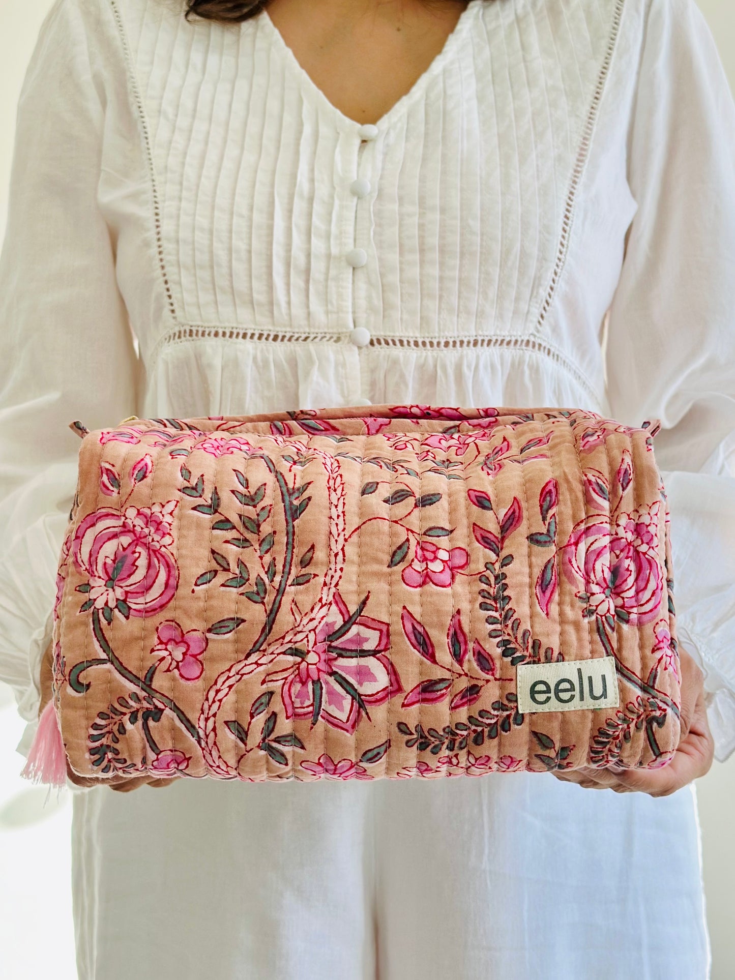 Gulabi Quilted Makeup Pouch – Handcrafted Cotton Travel Bag | Small & Large